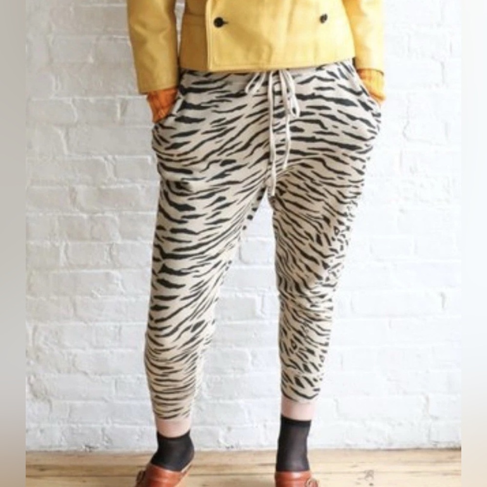 Nili Lotan Women Cropped Animal Zebra Print Joggers Harem Beige/Tan Black Sz S